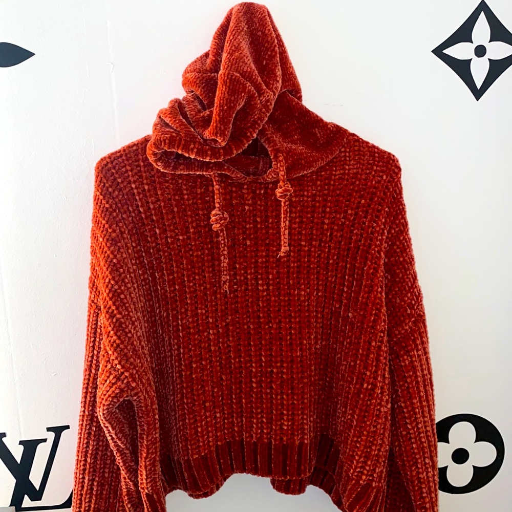 Velvet knit cropped hooded sweater